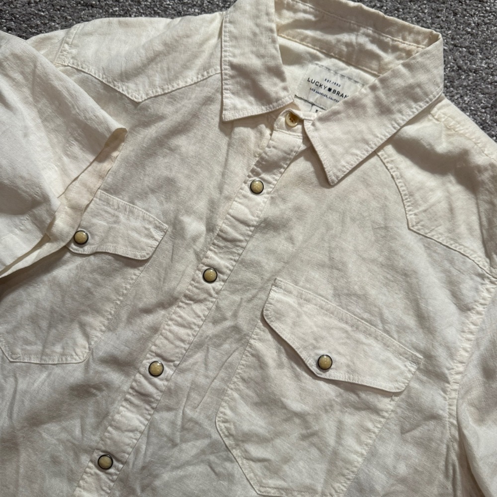 Lucky Brand Shirt Mens Small Cream Linen Rayon Western Pearl Snap Casual Top